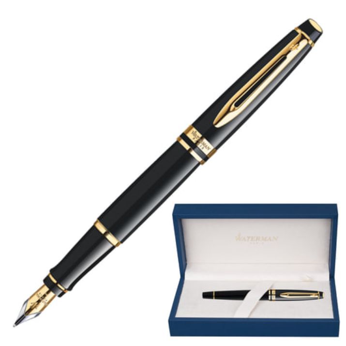 Изображение Ручка подарочная перьевая WATERMAN "Expert 3 Black Lacquer GT", черный лак, позолоченные детали, синяя, S0951640