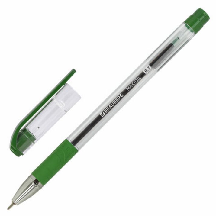 Изображение Ручка шариковая масляная с грипом BRAUBERG "Max-Oil", ЗЕЛЕНАЯ, игольчатый узел 0,7 мм, линия письма 0,35 мм, 142144
