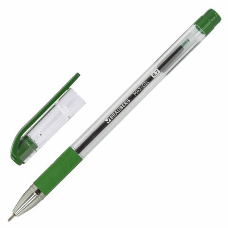 Изображение Ручка шариковая масляная с грипом BRAUBERG "Max-Oil", ЗЕЛЕНАЯ, игольчатый узел 0,7 мм, линия письма 0,35 мм, 142144