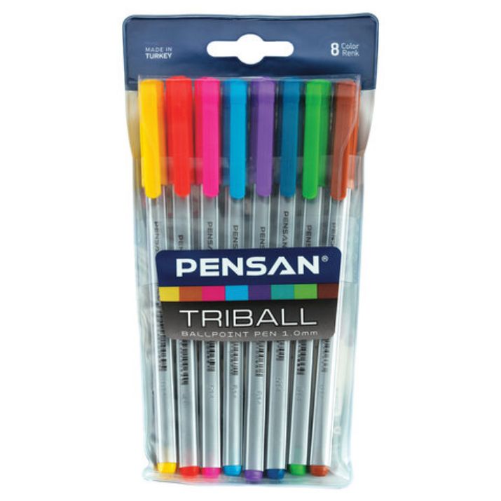 Изображение Ручки шариковые масляные PENSAN "Triball Colored", НАБОР 8 шт., АССОРТИ, узел 1 мм, линия письма 0,5 мм, 1003/PVC8