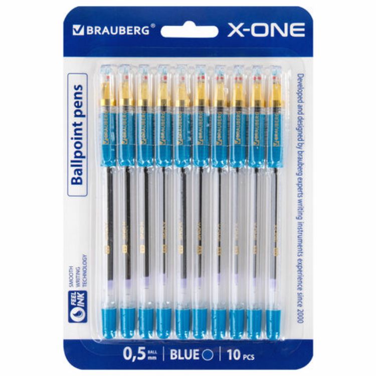 Изображение Ручки шариковые с грипом BRAUBERG "X-ONE", НАБОР 10 ШТУК, СИНИЕ, корпус прозрачный, узел 0,5 мм, линия письма 0,35 мм, 143990