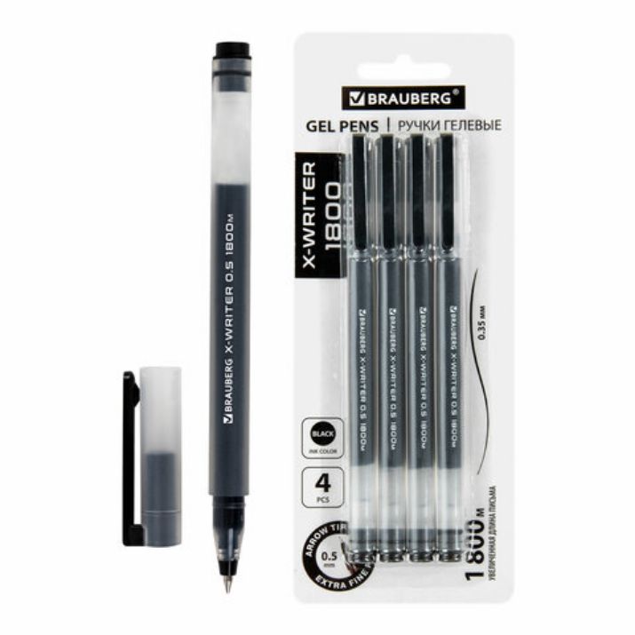 Изображение Ручки гелевые BRAUBERG X-WRITER 1800, УВЕЛИЧЕННАЯ ДЛИНА ПИСЬМА 1 800 м, ЧЕРНЫЕ, НАБОР 4 ШТУКИ, стандартный узел 0,5 мм, 144136