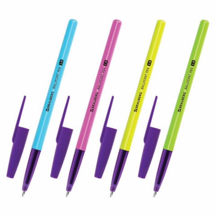 Изображение Ручка шариковая BRAUBERG "Офисная" NEON COLOR, СИНЯЯ, корпус ассорти, пишущий узел 1 мм, линия письма 0,5 мм, 144200