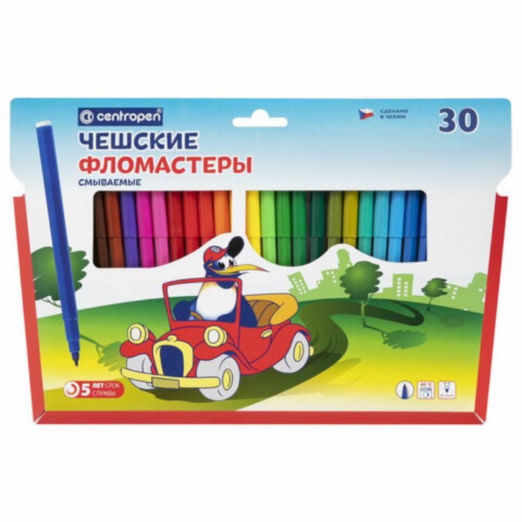 Изображение Фломастеры 30 ЦВЕТОВ CENTROPEN "Пингвины", смываемые, вентилируемый колпачок, 7790/30ET, 7 7790 3086