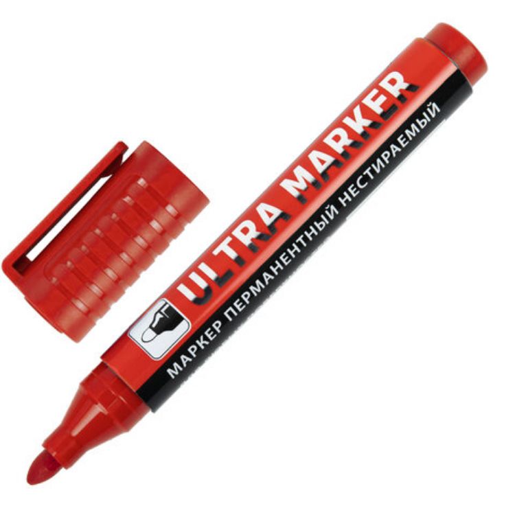 Изображение Маркер перманентный ULTRA MARKER, КРАСНЫЙ, 3,5 мм, с клипом, BRAUBERG, 152205