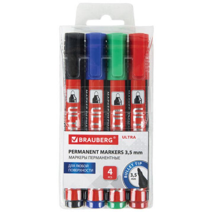 Изображение Маркеры перманентные BRAUBERG ULTRA MARKER, НАБОР 4 ЦВЕТА, круглый наконечник 3,5 мм, 152208