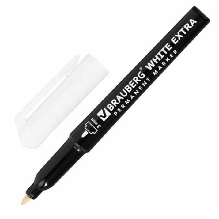 Изображение Маркер перманентный BRAUBERG WHITE EXTRA, БЕЛЫЙ, круглый наконечник 3 мм, 152488