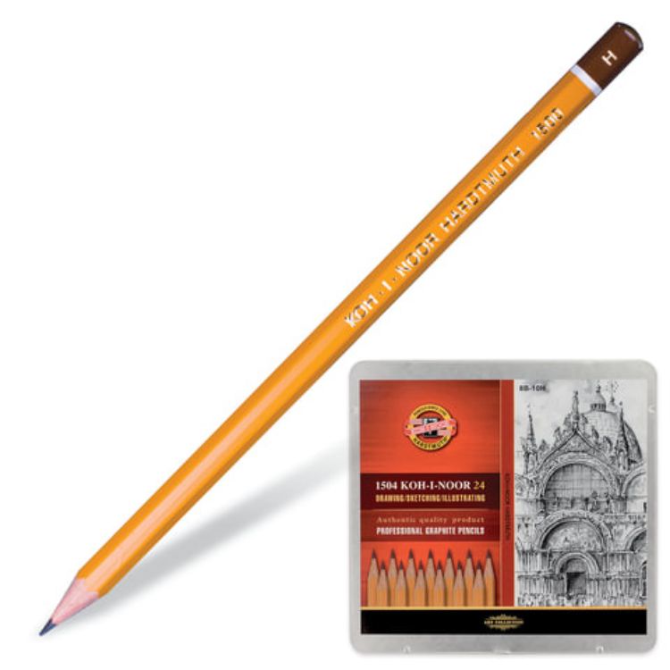 Изображение Карандаши чернографитные KOH-I-NOOR 1500, НАБОР 24 шт., 8В-10H, без резинки, металлическая коробка, 1504024001PL