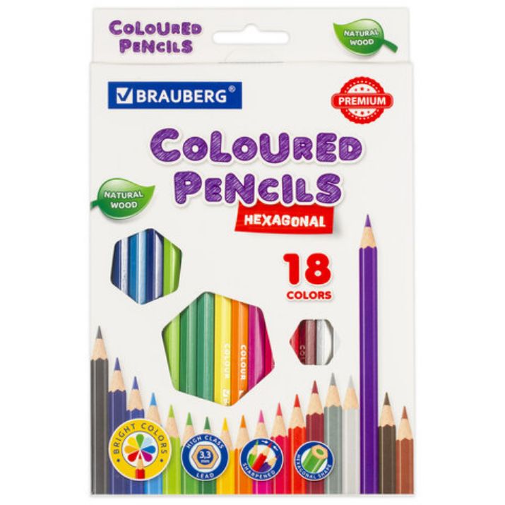 Изображение Карандаши цветные BRAUBERG PREMIUM, 18 цветов, шестигранные, грифель 3,3 мм, натуральное дерево, 181657