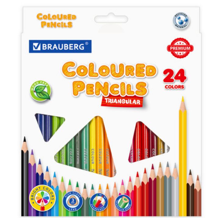 Изображение Карандаши цветные BRAUBERG PREMIUM, 24 цвета, трехгранные, грифель 3 мм, 181663