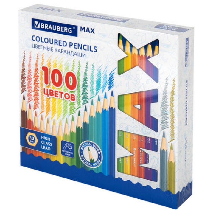 Изображение Карандаши цветные супермягкие яркие BRAUBERG MAX, 100 цветов, шестигранные, грифель 3,3 мм, натуральное дерево, 181862