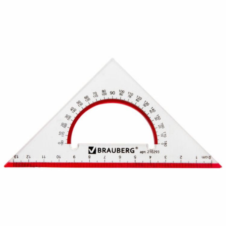 Изображение Треугольник пластиковый, угол 45, 13 см, BRAUBERG "Crystal", с транспортиром, прозрачный, с выделенной шкалой, 210293