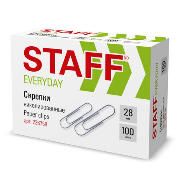 Изображение Скрепки STAFF "EVERYDAY", 28 мм, никелированные, 100 шт., в картонной коробке, 226758