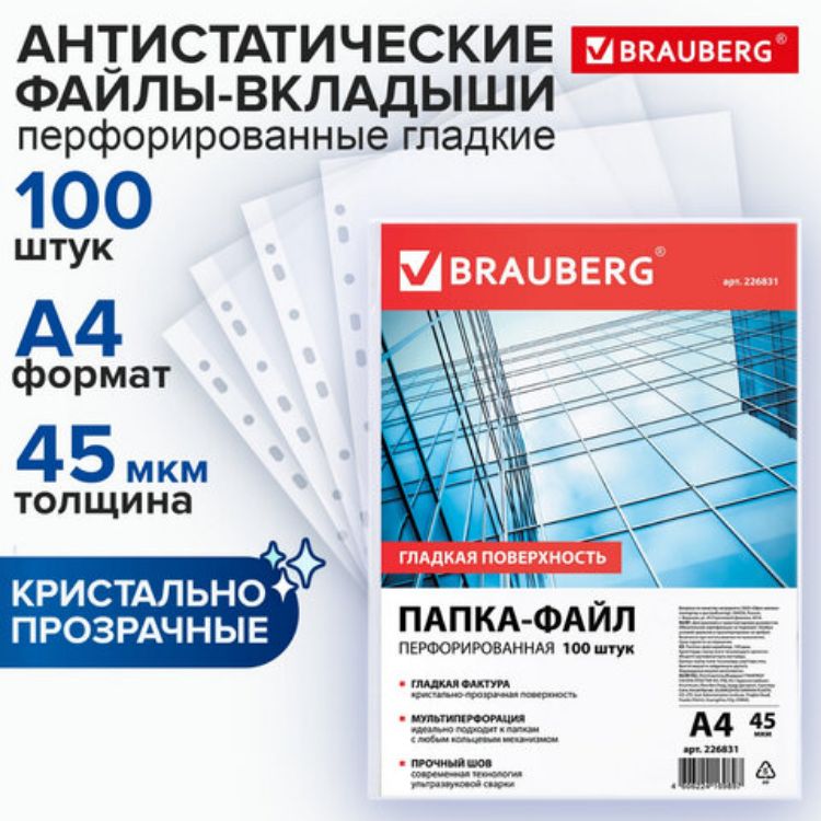 Изображение Папки-файлы перфорированные, А4, BRAUBERG "STANDARD", комплект 100 шт., гладкие, 45 мкм, 226831