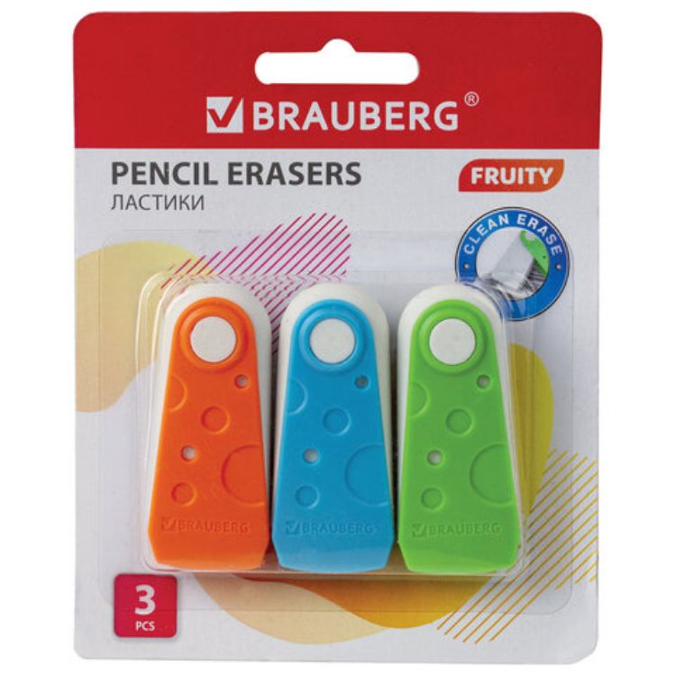 Изображение Набор ластиков BRAUBERG "FRUITY" 3 шт., 57х24х15 мм, белые, пластиковый футляр ассорти, 229563