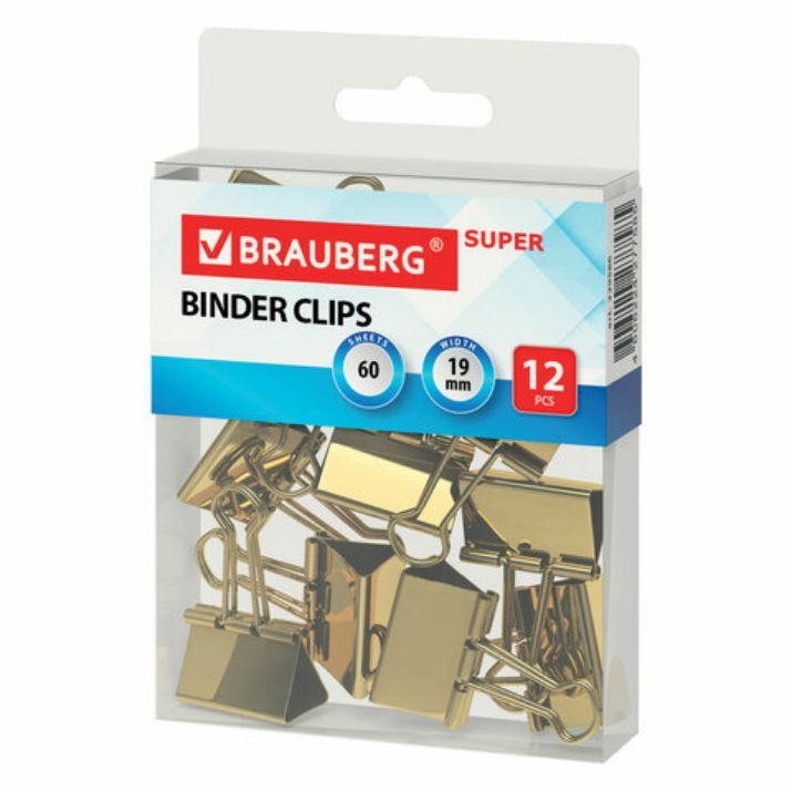 Изображение Зажимы для бумаг BRAUBERG EXTRA, КОМПЛЕКТ 12 шт., 19 мм, на 60 л., золотистые, европодвес, 229586