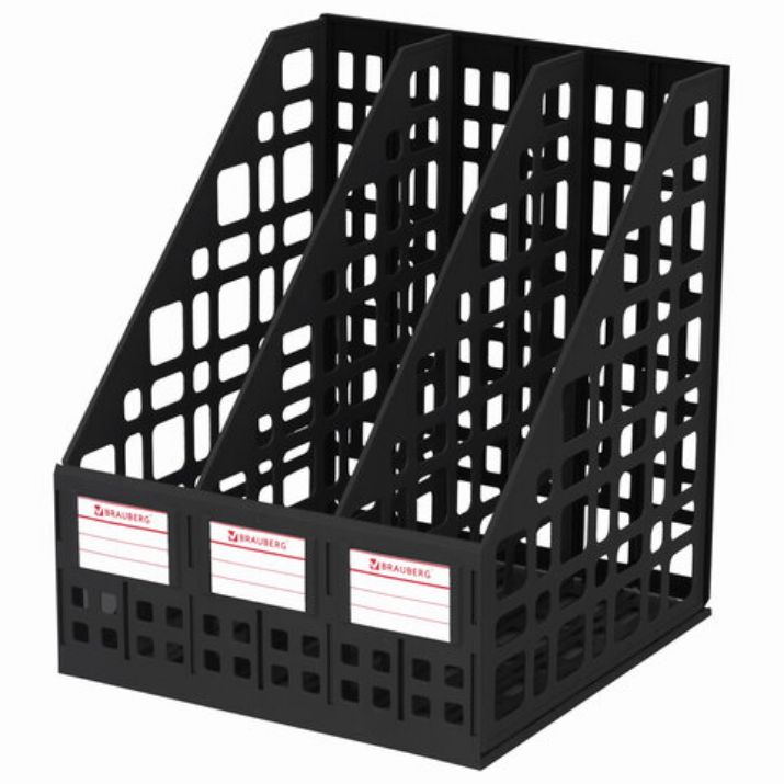 Изображение Лоток вертикальный для бумаг BRAUBERG "MAXI Plus", 240 мм, 3 отделения, сетчатый, сборный, черный, 237013