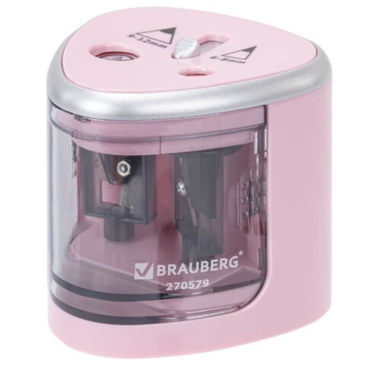 Изображение Точилка электрическая BRAUBERG DUAL (для 2 диаметров карандашей!), 4 батарейки АА, розовая, 270579