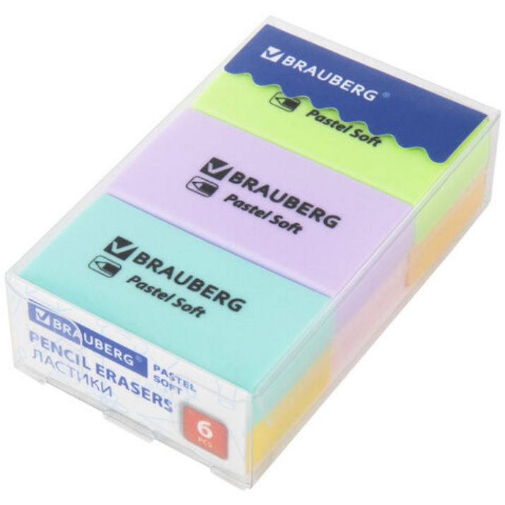 Изображение Ластики BRAUBERG PASTEL SOFT НАБОР 6 шт., размер ластика 45х25х10 мм, экологичный ПВХ, 271340
