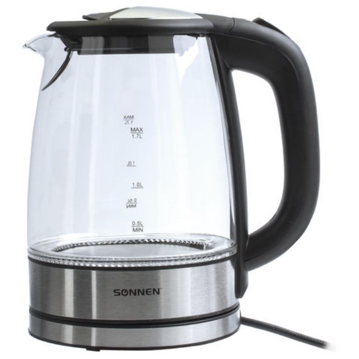 Изображение Чайник SONNEN KT-1788, 1,7 л, 2200 Вт, закрытый нагревательный элемент, стекло, черный, подсветка, 454349