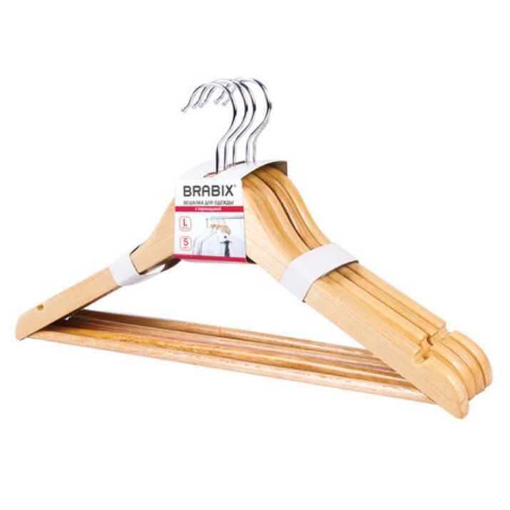 Изображение Вешалки-плечики, размер 48-50, КОМПЛЕКТ 5шт, деревянная, перекладина, цвет сосна, BRABIX "Стандарт", 601159