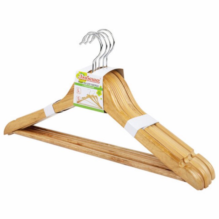 Изображение Вешалки-плечики, размер 48-50, КОМПЛЕКТ 5 шт., деревянная, перекладина, цвет сосна, ЛЮБАША Эконом, 604895