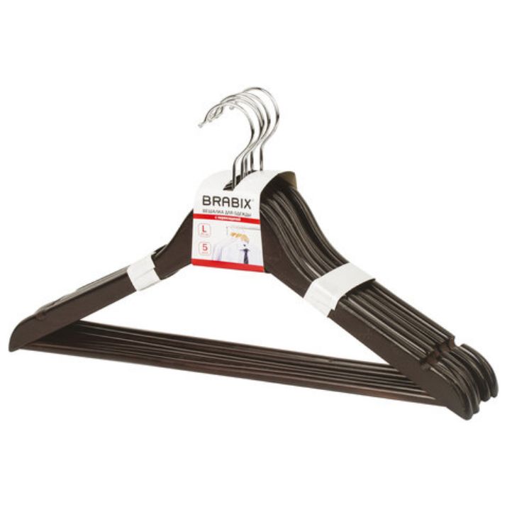 Изображение Вешалки-плечики, размер 48-50, КОМПЛЕКТ 5 шт., дерево, перекладина, цвет шоколад, BRABIX "Стандарт", 601162