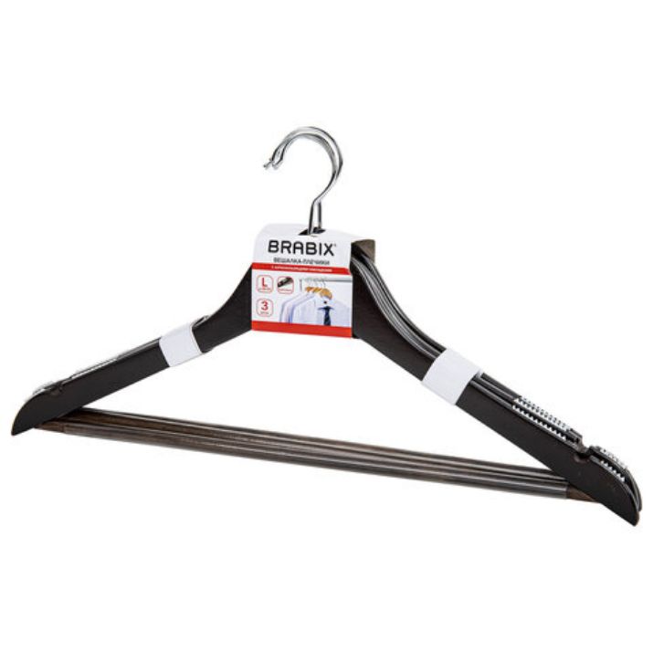 Изображение Вешалки-плечики с антискользящими накладками, КОМПЛЕКТ 3 штуки, размер 48-50, дерево, BRABIX, 607476