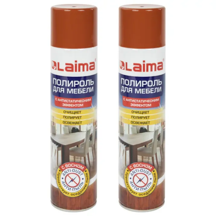 Изображение Полироль для мебели КОМПЛЕКТ 2 шт., ЛАЙМА "Антипыль" с воском и антистатиком, 300 мл, аэрозоль, 880616